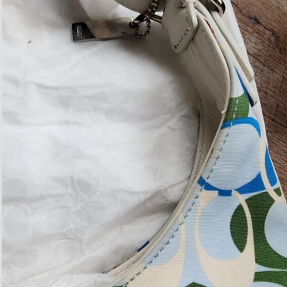 VTG Coach Signature Leather Trim Blue & White Hobo Bag Purse w/Matching Wristlet - Picture 4 of 14